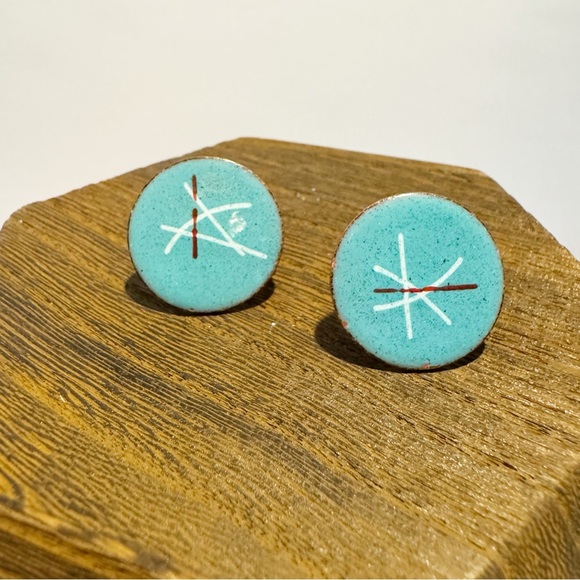 Vintage turquoise enamel on copper circular flat screwback earrings MCM atomic - Picture 10 of 10